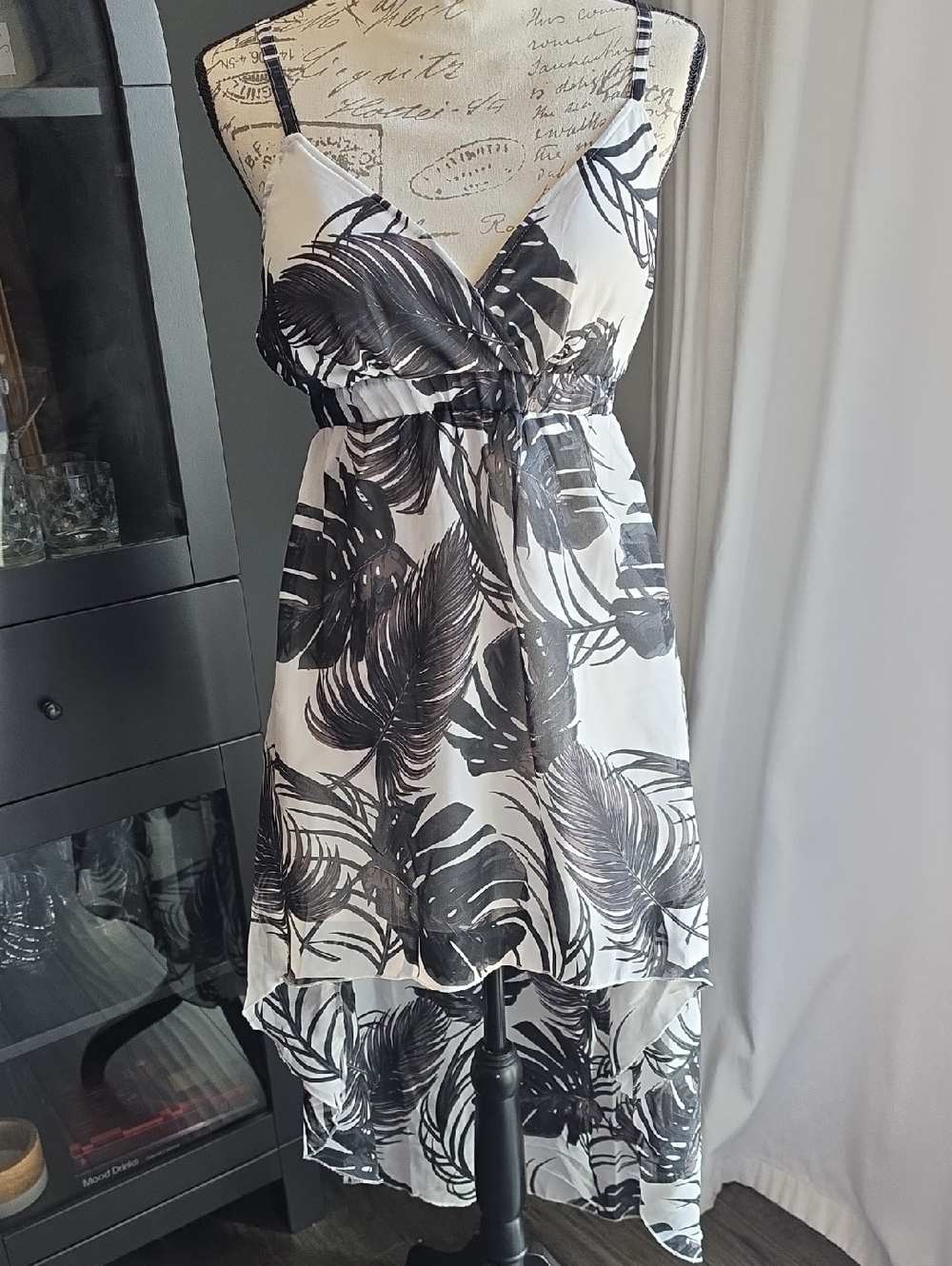 Black & White Tropical Leaf Hi-Low Sundress